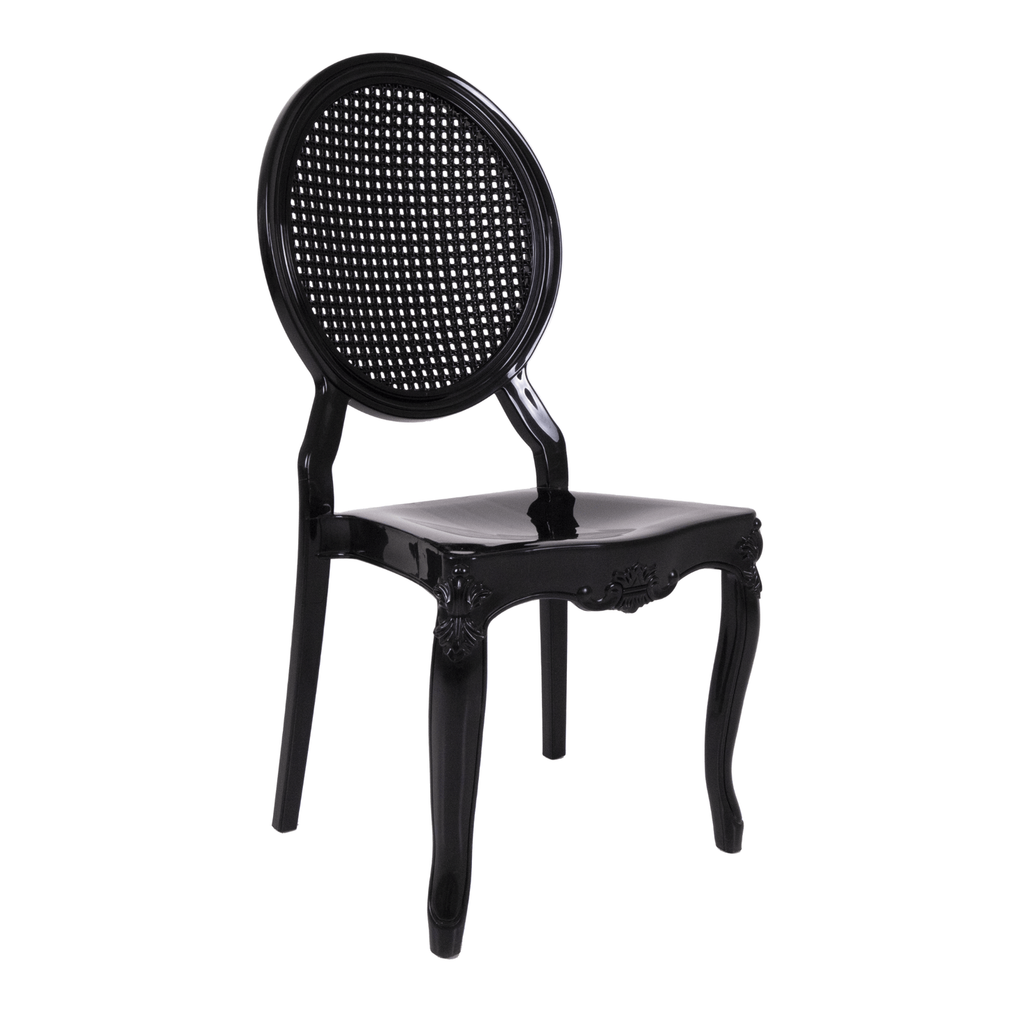 Diva B: Black Resin Dining and Event Chair – Elegant Round Cane Back, Stackable, Durable & Easy-Clean, 150 kg Capacity