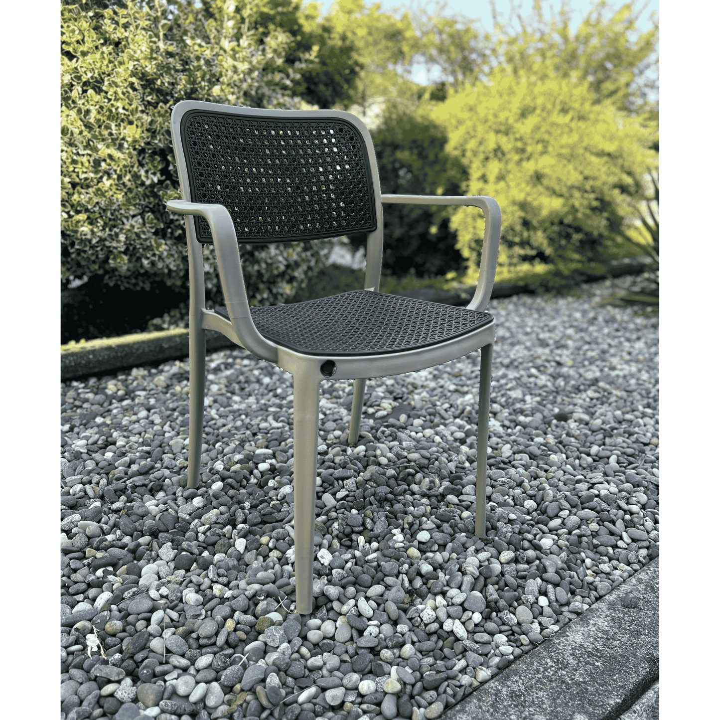 Elegant Loft Armchair – Two-Tone Matte Olive Green Frame with a Black Seat – Indoor/Outdoor Modern Chair for Dining Room, Patio, Balcony, Cafe or Terrace
