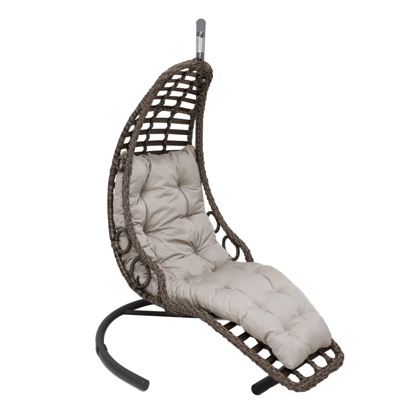 Rest Hanging Chaise Lounge Chair with Stand – Brown Wicker Frame & Beige Cushion, Indoor/Outdoor