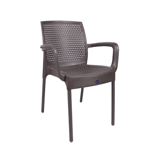Defne Rattan-Style Black Armchair with Brown Iron Legs - Eco-Friendly, Recycled Plastic for Indoor & Outdoor Use