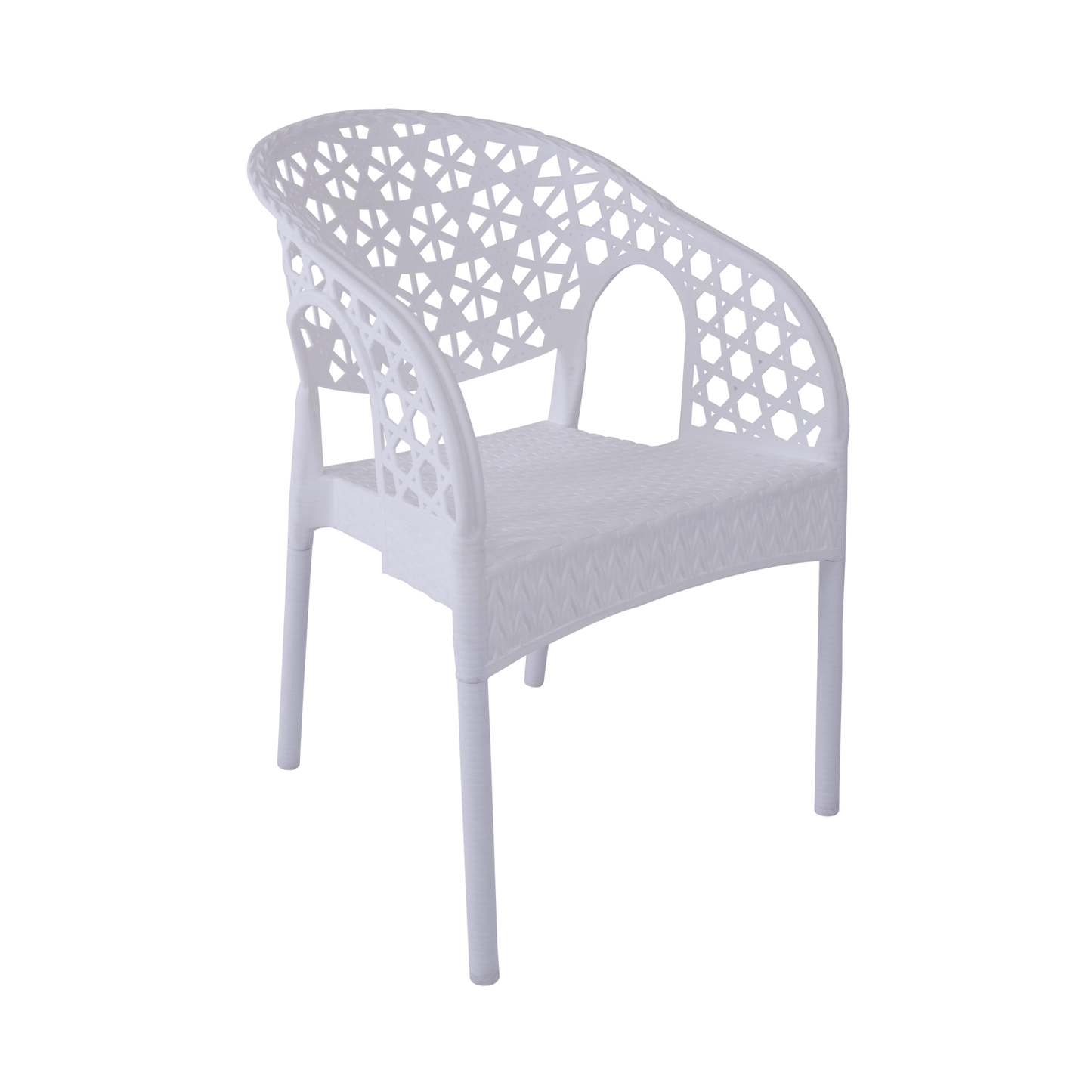 Lotus White Resin Bistro Armchair – Decorative Pattern Back, Stackable & Lightweight