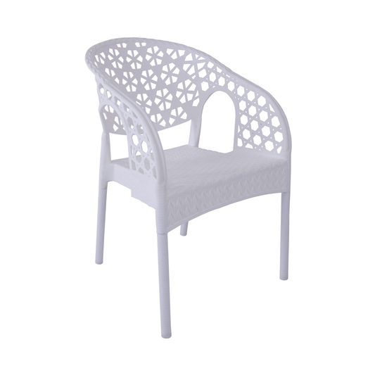 Lotus White Resin Bistro Armchair – Decorative Pattern Back, Stackable & Lightweight