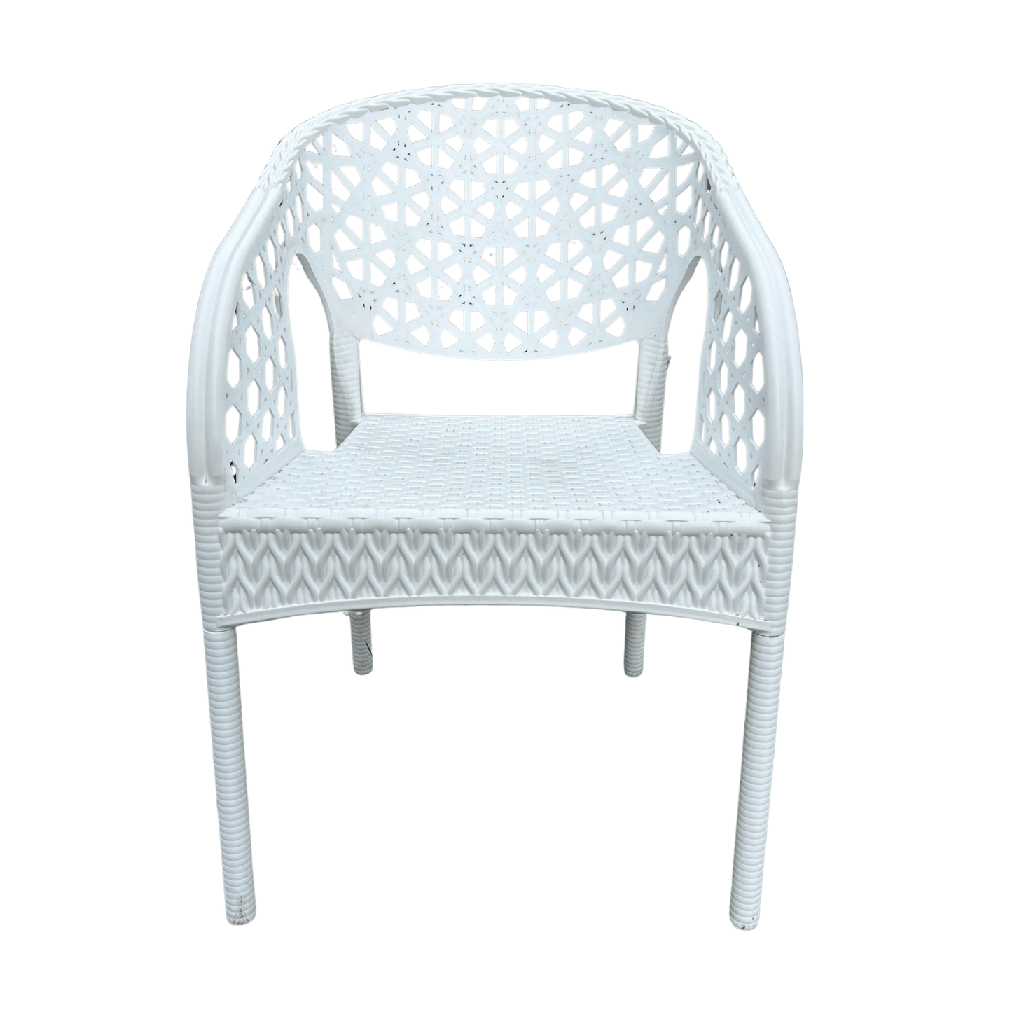 Lotus White Resin Bistro Armchair – Decorative Pattern Back, Stackable & Lightweight