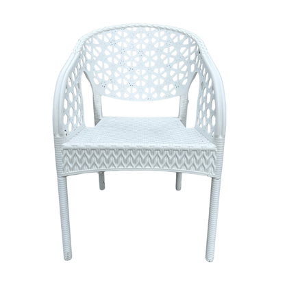 Lotus White Resin Bistro Armchair – Decorative Pattern Back, Stackable & Lightweight