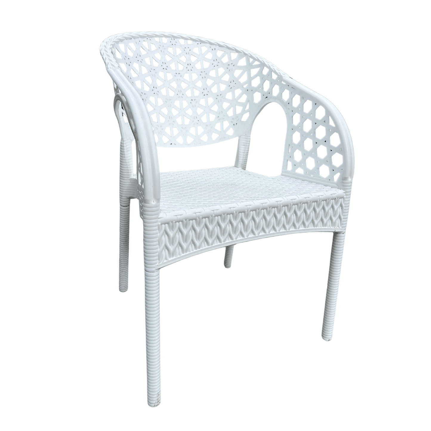 Lotus White Resin Bistro Armchair – Decorative Pattern Back, Stackable & Lightweight