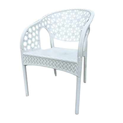 Lotus White Resin Bistro Armchair – Decorative Pattern Back, Stackable & Lightweight