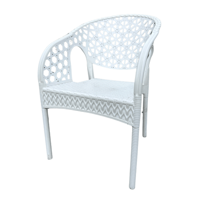 Lotus White Resin Bistro Armchair – Decorative Pattern Back, Stackable & Lightweight