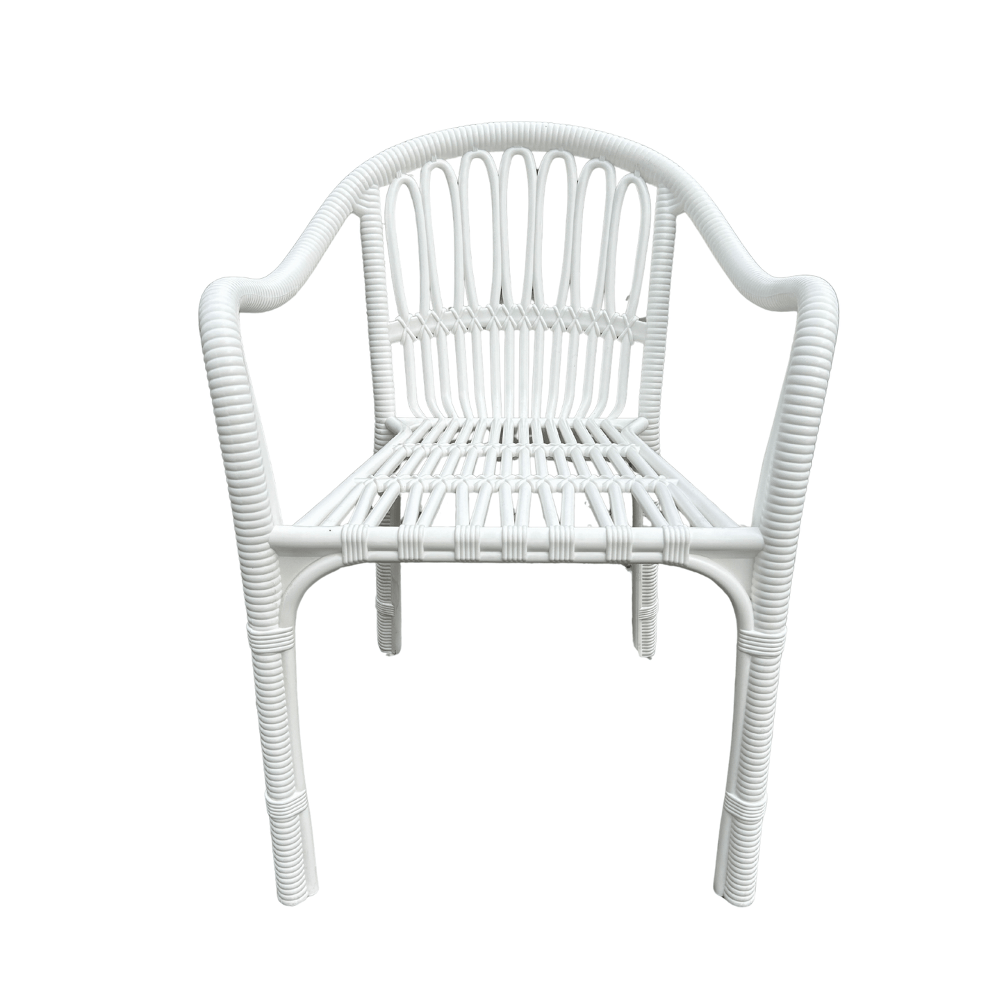 Retro White Rattan-Style Resin Armchair – Armored Frame, Indoor/Outdoor, Stackable and Weather-Resistant