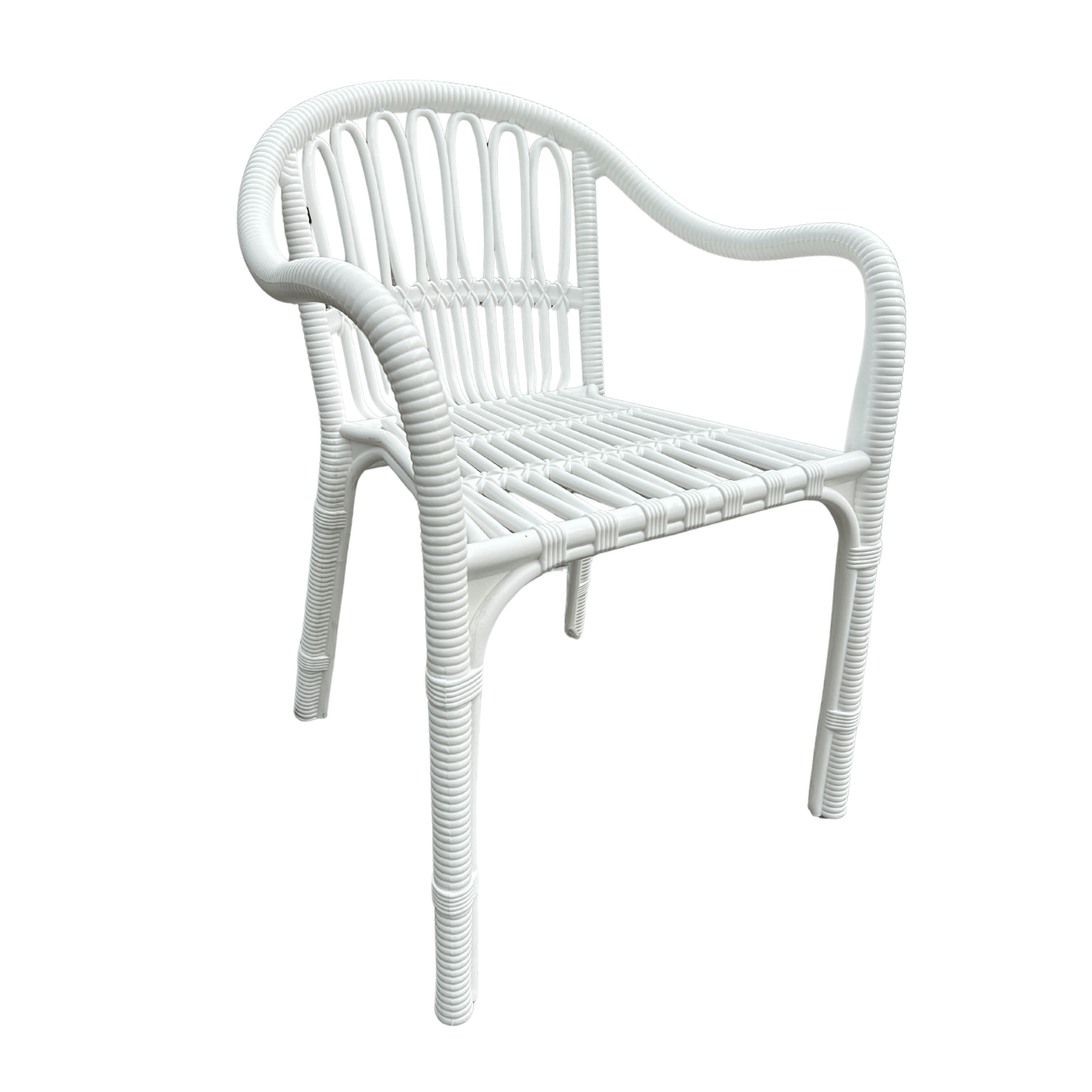 Retro White Rattan-Style Resin Armchair – Armored Frame, Indoor/Outdoor, Stackable and Weather-Resistant
