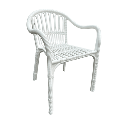 Retro White Rattan-Style Resin Armchair – Armored Frame, Indoor/Outdoor, Stackable and Weather-Resistant