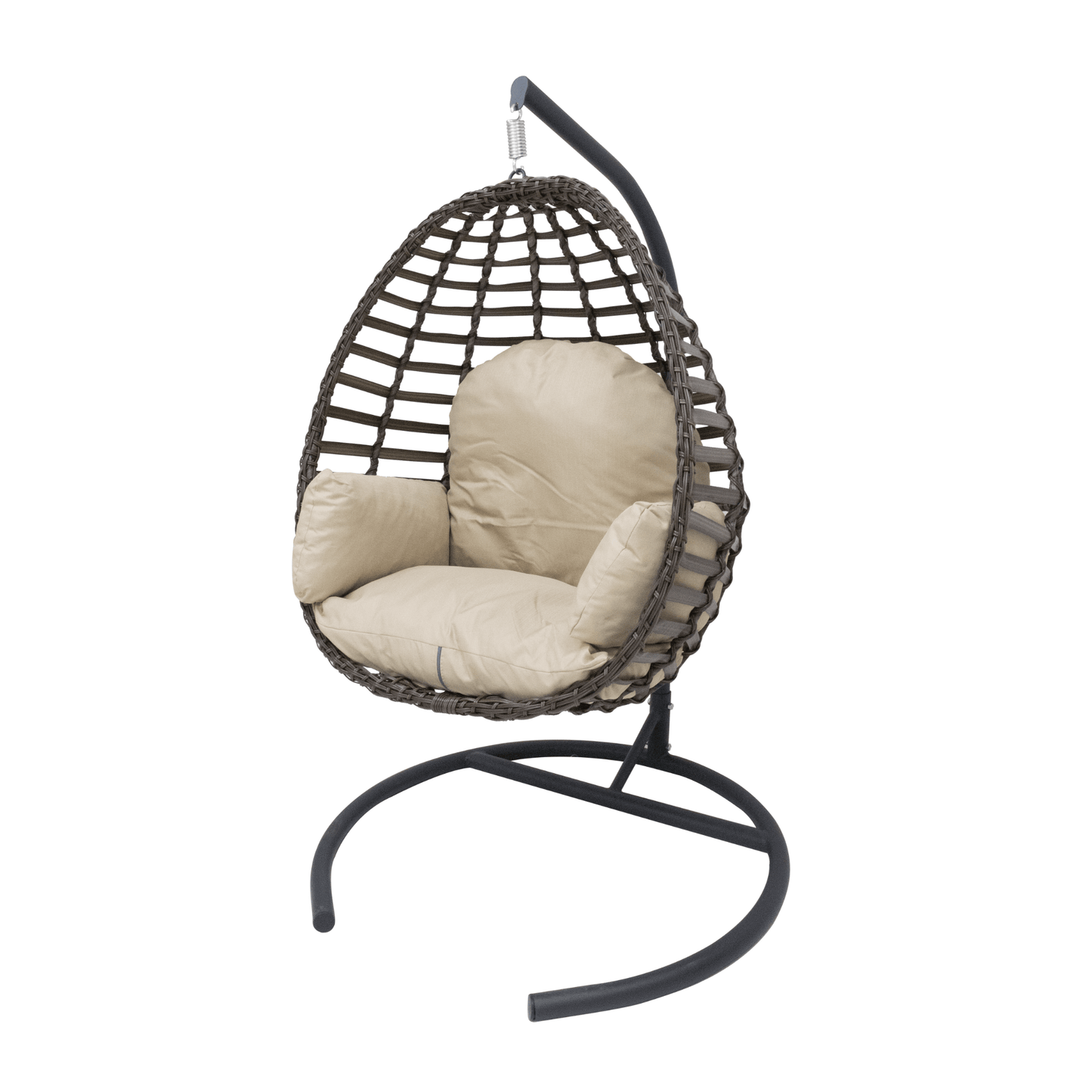 Royal Solo Hanging Egg Chair with Stand – Wicker Frame & Beige Cushions, Indoor/Outdoor