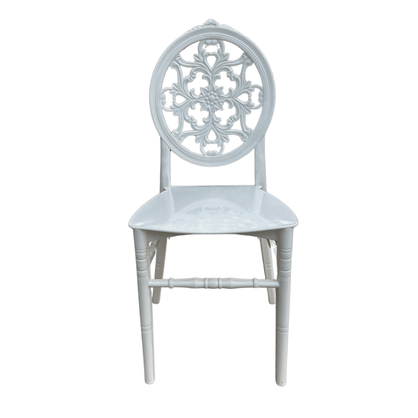 Silver-E: White Resin Event & Dining Chair – Ornate Round Back, Durable Plastic, 450 kg Capacity, 89×42×40 cm