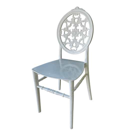 Silver-E: White Resin Event & Dining Chair – Ornate Round Back, Durable Plastic, 450 kg Capacity, 89×42×40 cm