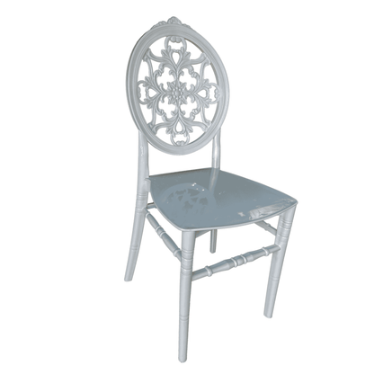 Silver-E: White Resin Event & Dining Chair – Ornate Round Back, Durable Plastic, 450 kg Capacity, 89×42×40 cm